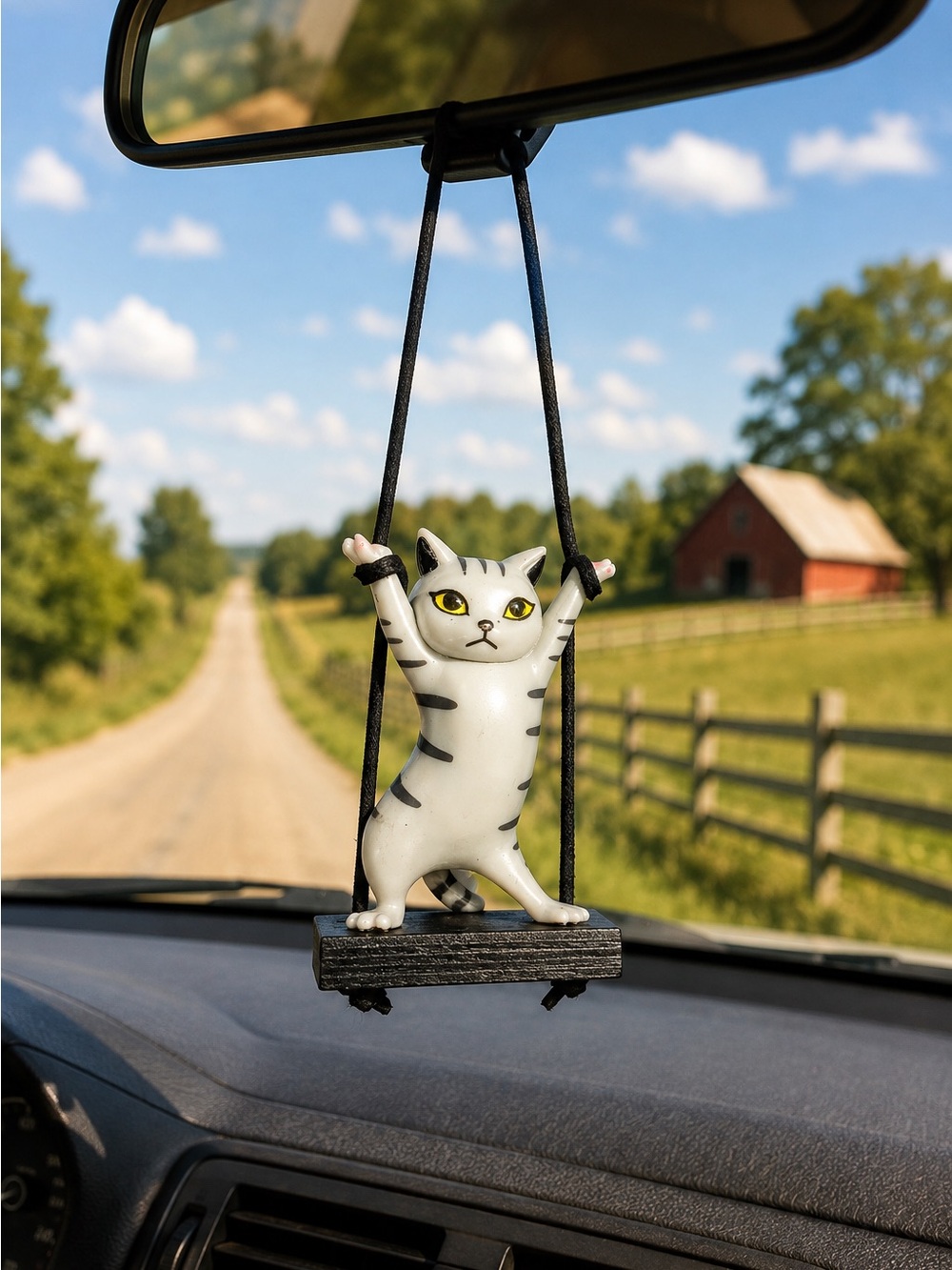 Funny Cat on Swing Rearview Mirror Car Charm Hanging Ornament